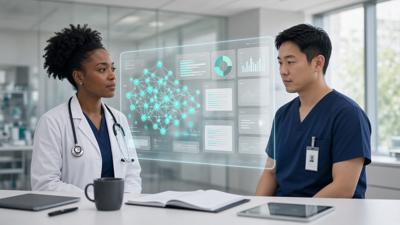 Clinicians reviewing a holographic healthcare interoperability dashboard